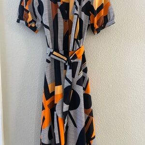 Karl Lagerfeld Paris Belted Print Dress - Black and Orange 🍊